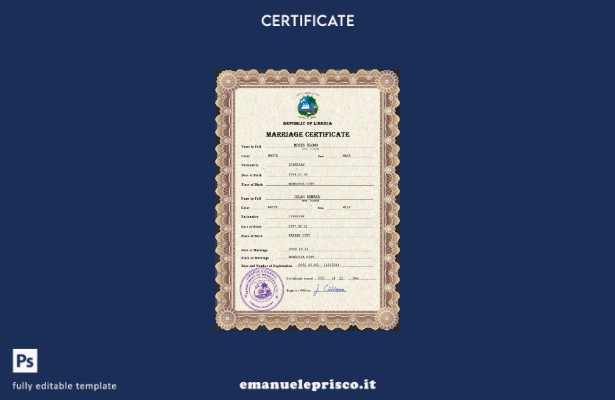 modello PSD di certificato di matrimonio in Liberia in stile verificato